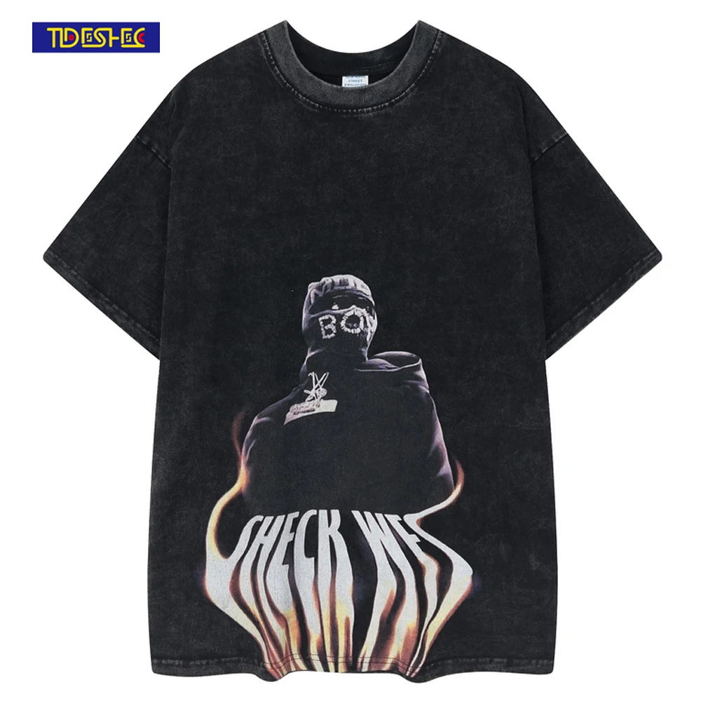 

Streetwear 2022 Men Tshirt Hip Hop Punk Rock Mask Twisted Letter T Shirt Cotton Washed Tshirt Summer Short Sleeve Graphic Tops