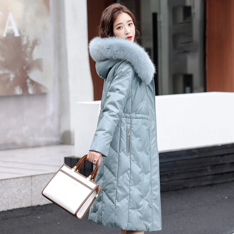 Женские пуховики из натуральной кожи с вышивкой зимние теплые парки воротником