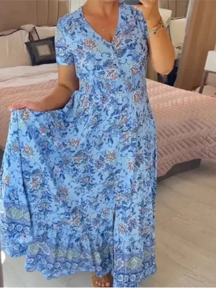 Элегантное женское платье 2022 длинное в стиле бохо с короткими рукавами и