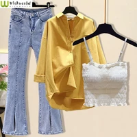 large spring and autumn womens suit 2022 new age reducing loose casual shirt suspender bell pants three piece set