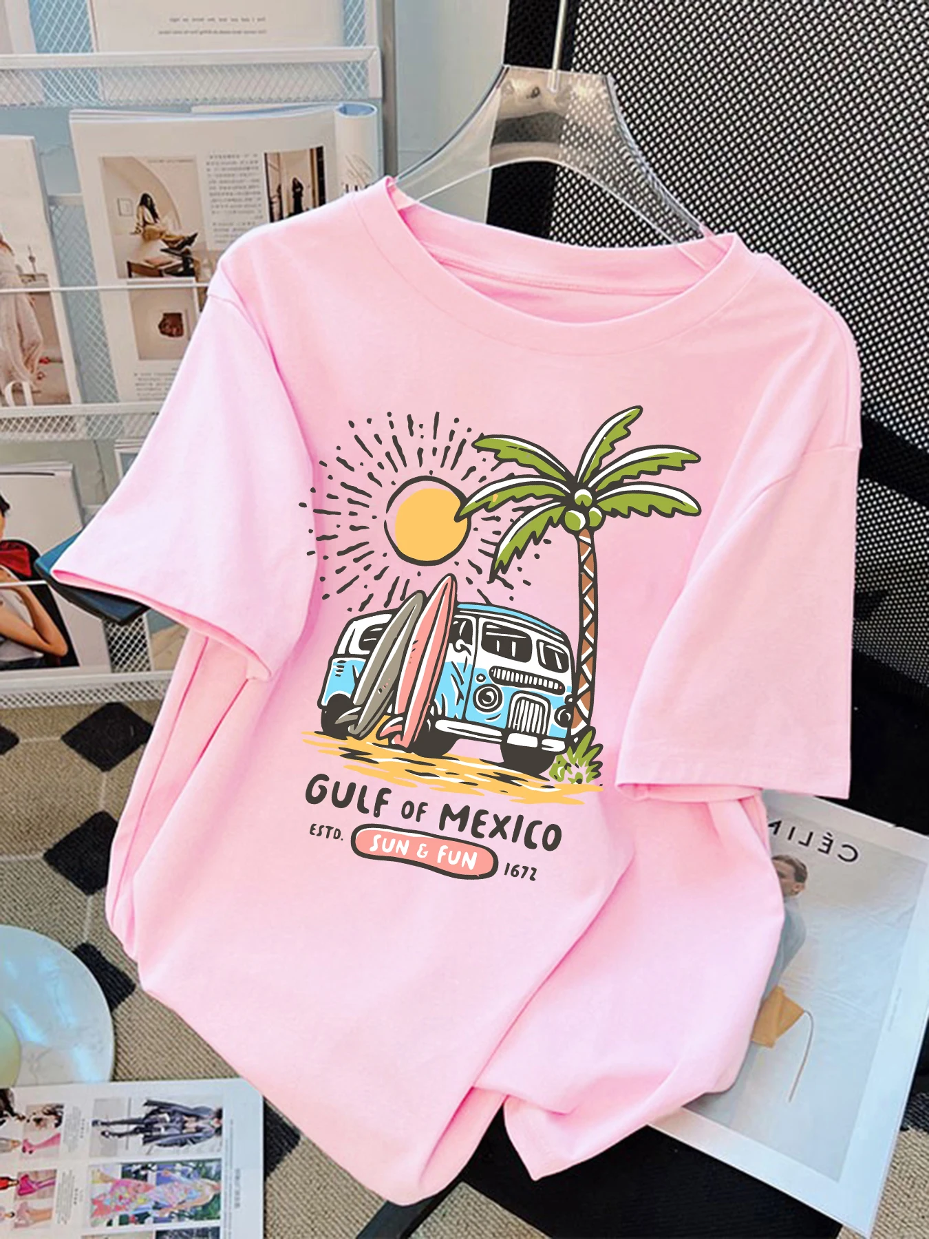 Фото Gulf Of Mexico Estd Sun Fun Prints Женская футболка Повседневная летняя новая футболка большого размера Хлопковая футболка с короткими рукавами Мягкий топ унисекс №1