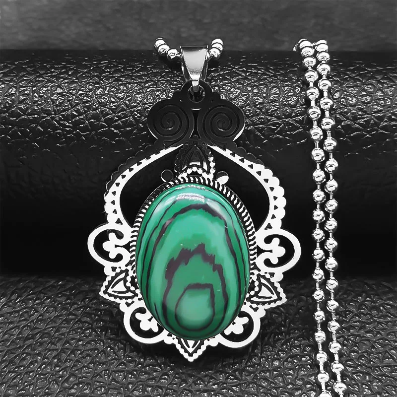 

Bohemian Natural Stone Malachite Stainless Steel Chocker Necklace Silver Color Necklace Jewelry joyeria acero inoxidable N3695S0