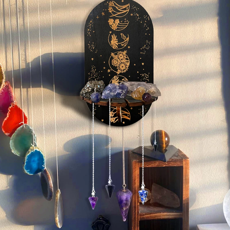 

Crystal Shelf Display Wall Stand Wooden Holderrack Base Moon Floating Shelves Sphere Decorative Style Bohemian Hanging Storage
