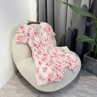 cascading ruffles sleeve mini dresses pink floral print asymmetrical hem 2022 latest summer ladies top quality clothing