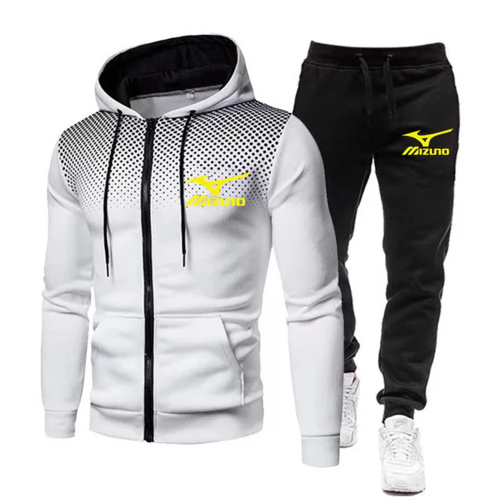 New Mizuno High Quality Printed Men's Sports Fitness Wear Thin Breathable Hoodie+Sports Pants Breathable Sweatshirt