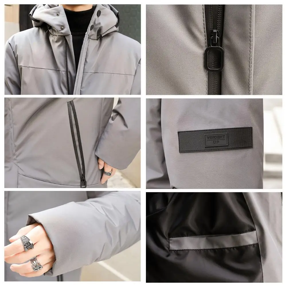 Men Winter Coat Thicken Mid Length Solid Color Padded Hooded Keep Warm Zipper Pockets Plus Size Winter Cotton Coat for Outdoor