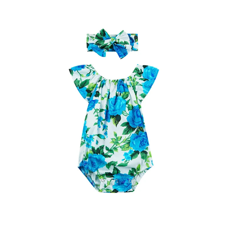 

Baby Flying Sleeve Romper + Bow Headband, Flower Leaf Pattern Bright Colors Summer Clothing