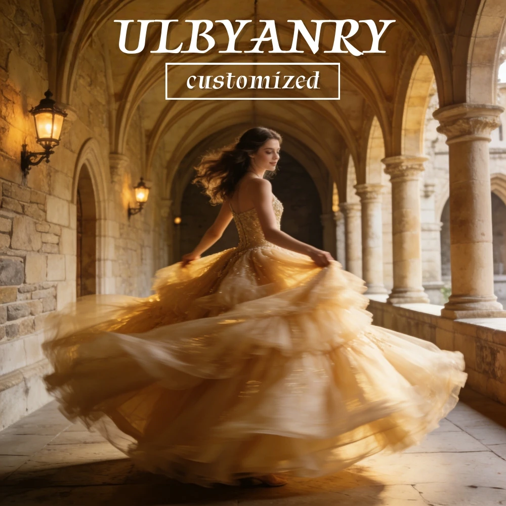 Фото Платье ULBYANRY на заказ, фасон А-силуэт, на тонких бретельках, для выпускного вечера (Sweet 15), романтичное, с оборками, для Quinceanera, в стиле принцессы, из сетчатой ткани, бальное платье №5