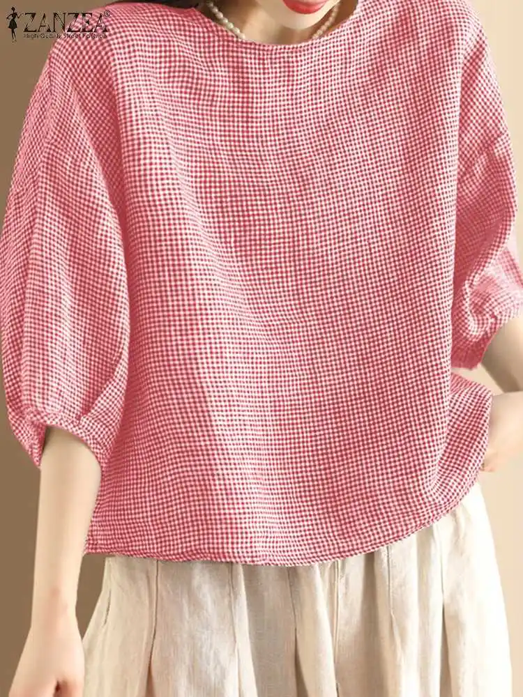 Блузка ZANZEA Женская в клетку Повседневная рубашка с круглым вырезом