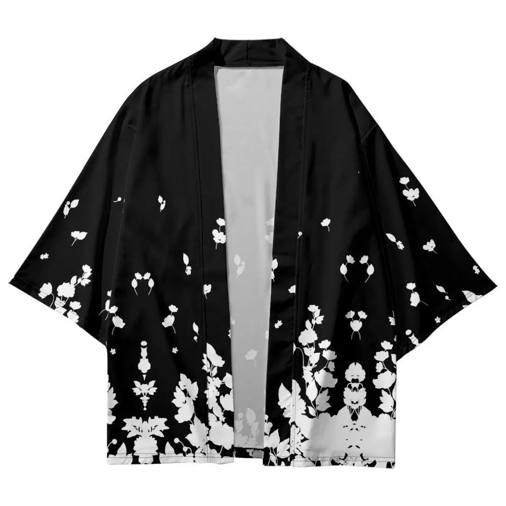 Summer Japanese Couple Women Men Kimono Yukata White Floral Printed Black Cardigan Beach Shorts Asian Clothes Harajuku