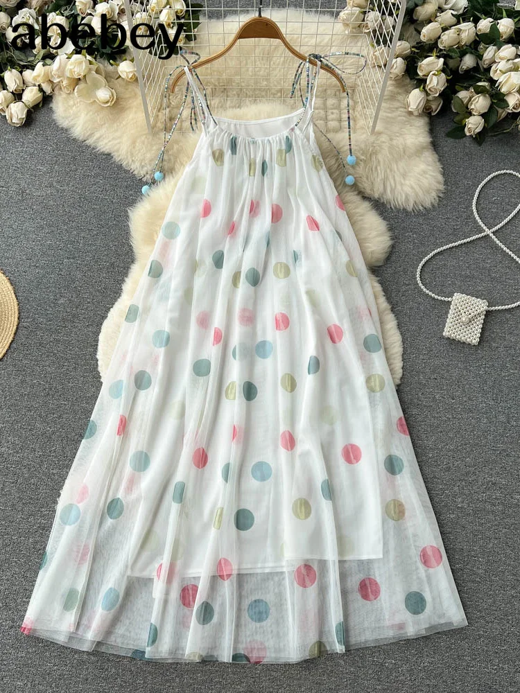

White Summer Dress Women Vintage Dot Printed Maxi Dress Floor Length Bohemian Spaghetti Strap Backless Long Swing Dress