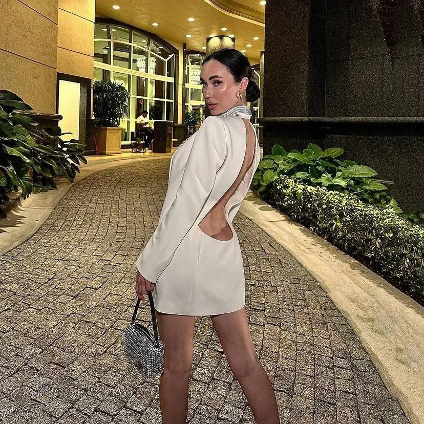 Новинка 2023 модный INS уникальный длинный пиджак с открытой спиной и v-образным