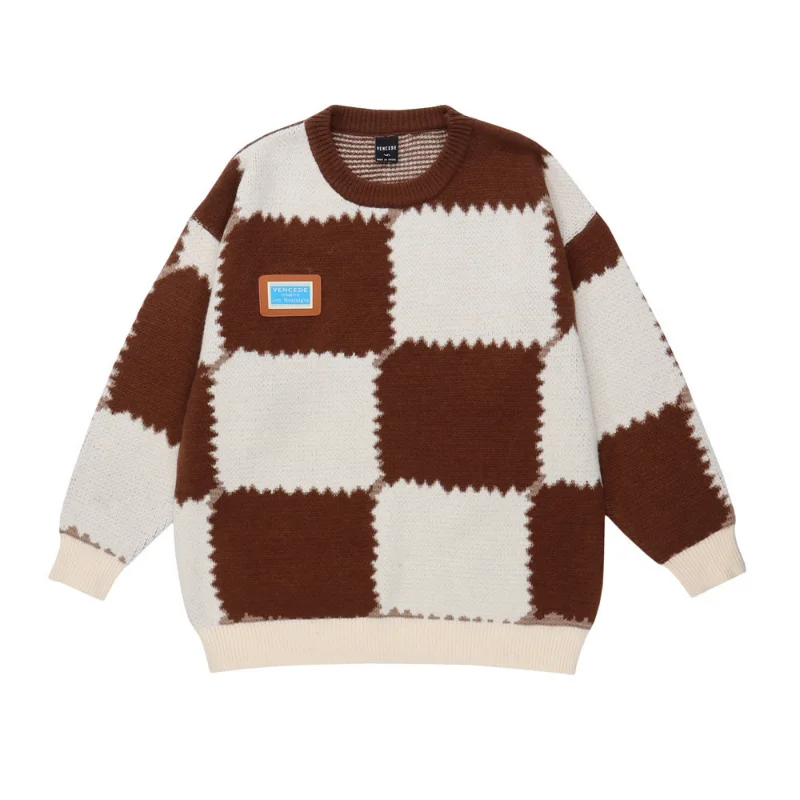 

Мужские свитера в европейском и американском стиле, модный новый джемпер в шахматную клетку, свитеры, мужские свободные модные вязаные свит...