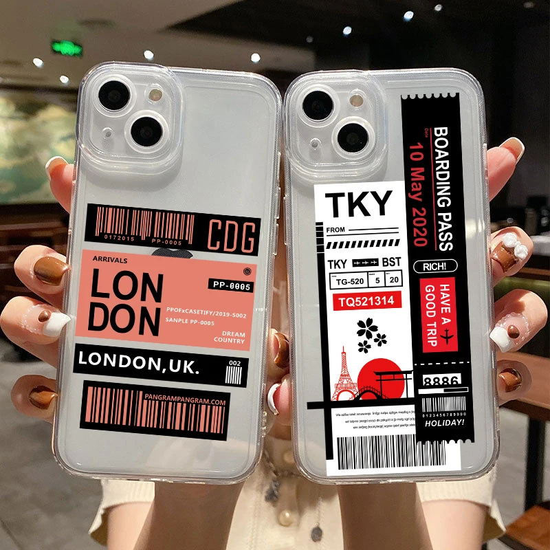 

Airline ticket city label Phone Cover For iPhone 11 12 13 14 Pro Max X XR XSMax 6S 7 8 Plus 13 Mini Clear Soft Silicone TPU Case