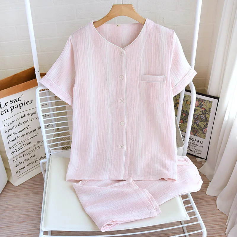 New Striped Couple's Short Sleeve Capris Suit Double Layer Cotton Summer Sleepwear For Men And Women Home Wear Pajamas Set