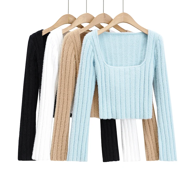 

Cropped sweater women long sleeve top square neck knitted sweater fuzzy sexy pullover korean fashion cute vintage sweater ribbed