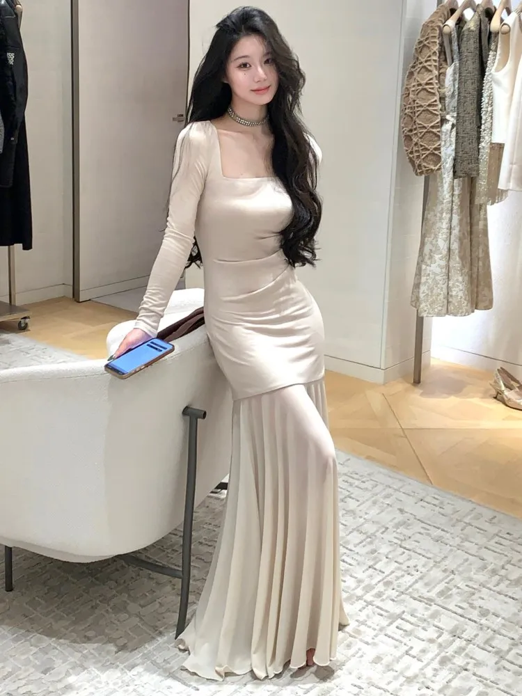 Осенне-зимние облегающие трикотажные платья с квадратным вырезом для женщин