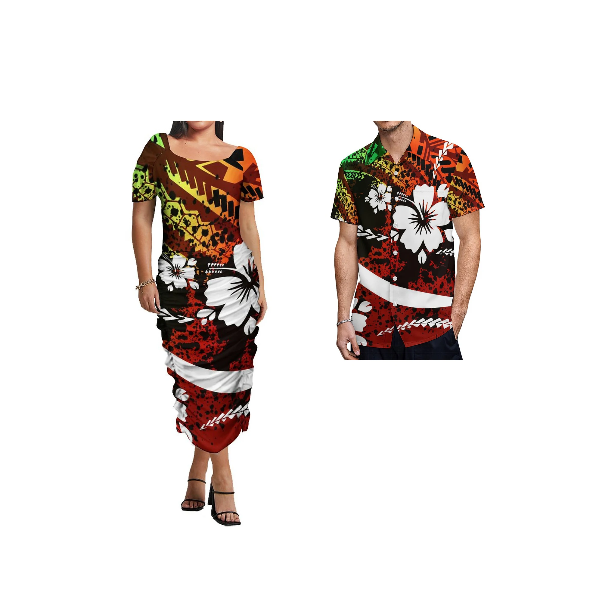 Wholesale Custom Polynesian Traditional Dresses Samoa Puletasi Dress Ptaha Square Collar Top Two Piece Set Couple Clothes