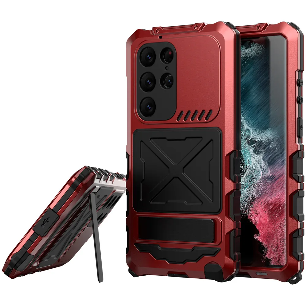 R-just Grade Anti-fall Armor Case For Samsung Galaxy S23 Ultra Shockproof Build-in Kickstand 360 Protection Glass