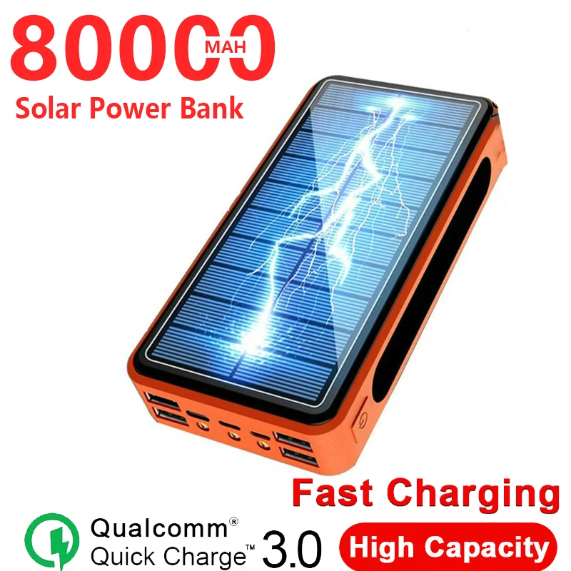 80000mAh Large Capacity Wireless Solar Powerbank Fast Charger with 4USB Mobile Phone External Battery Poverbank for Smartphoones