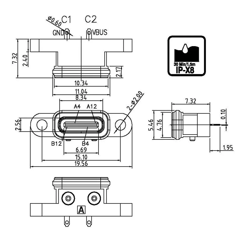 1 шт. водонепроницаемый разъем USB Type-C с отверстием под винт