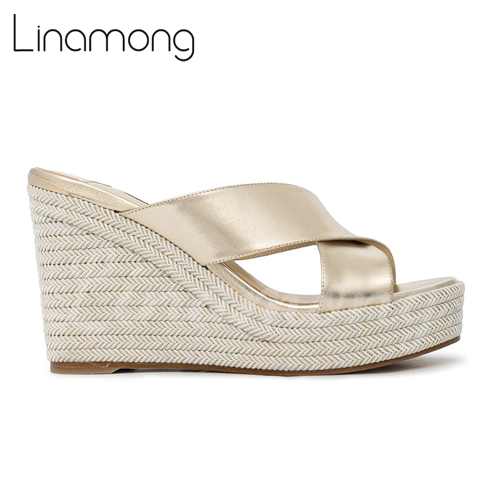 Cross-Strap Leather Espadrilles Slippers Solid Color Wedge Sandals Round Toe Comfortable Summer Shoes Private Custom Slippers