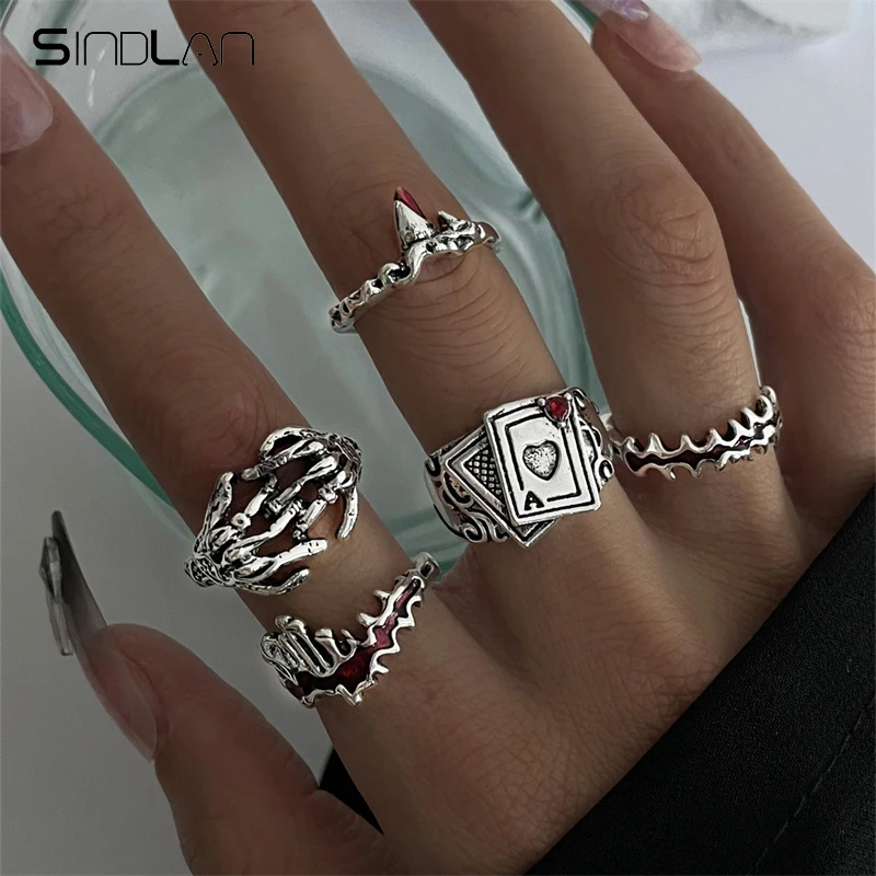 

Sindlan 5Pcs Goth Skeleton Silver Color Rings for Women Punk Poker Blood Red Crystal Set Grunge Couple Emo Jewelry Anillos Mujer