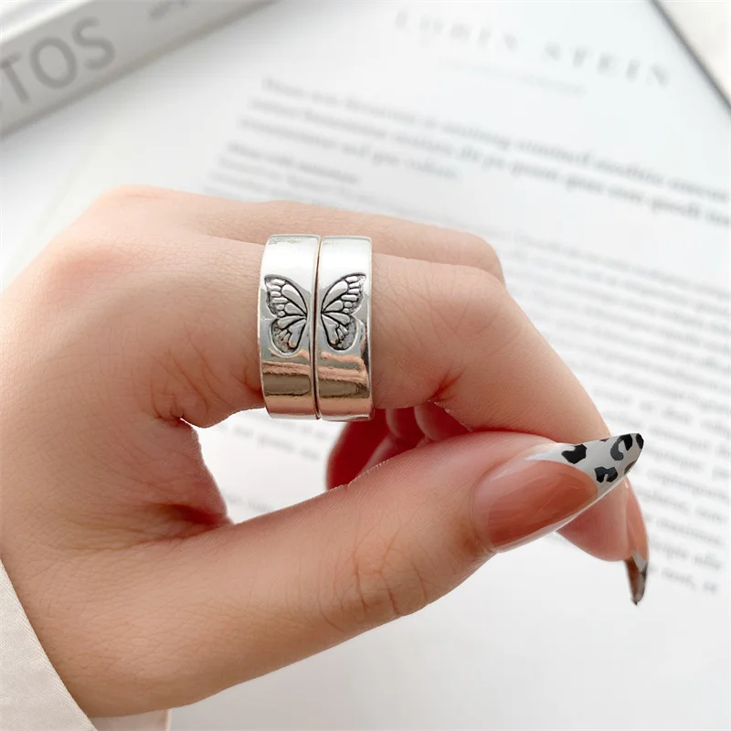 

Cute Silver Color Butterfly Couple Rings for Lover Women Men Fashion Metal Geometric Heart Star Moon Rings Set Gift Jewelry