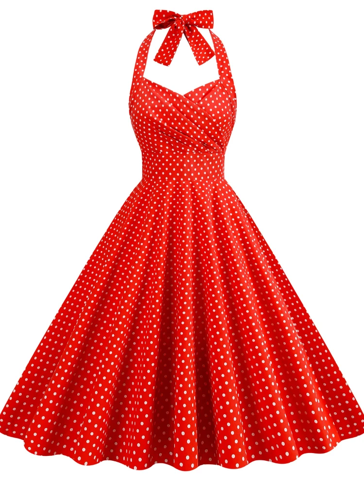 

Halter Dresses for Women Dot Printed Lace Up Bow A Line Mid-Calf New Summer Female Vintage Club Evening Party Vacation Vestidos