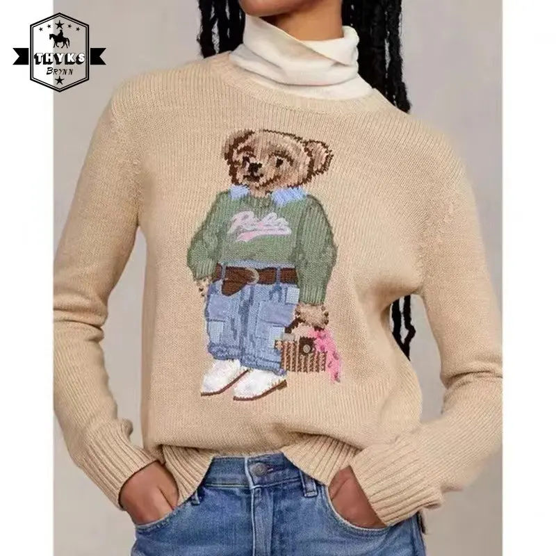 New Women's Cotton Sweater Winter Soft Basic Harajuku Embroidery Pullover Bear Pulls Fashion Knitted Patchwork Jumper Couple Top