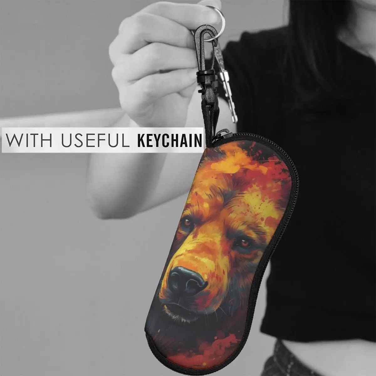 

Bear Glasses Case Men Women Animal Head Flames Sunglasses Case Classic Key Chain Eyewear Box Travel Eyeglass Protector