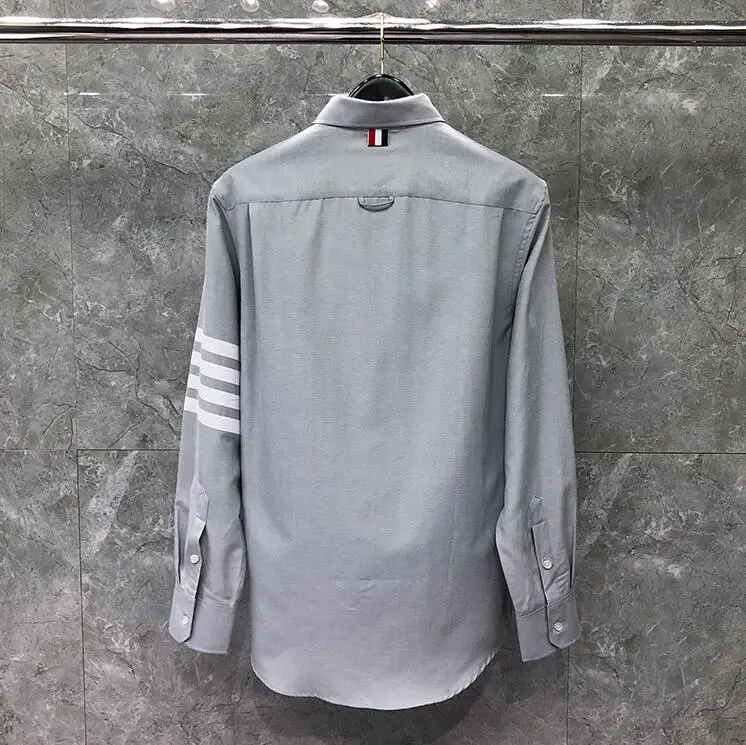 TB New Fashion Light Grey Men Shirt Blouse Casual Long Sleeve Cotton Oxford Male Dress Shirts Fit Top Quality Blouse with Pocket