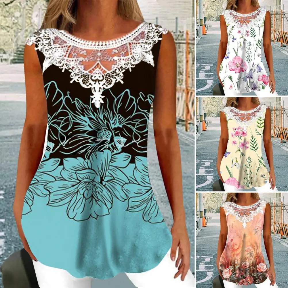 

Женская блузка без рукавов с цветочным принтом и круглым вырезом