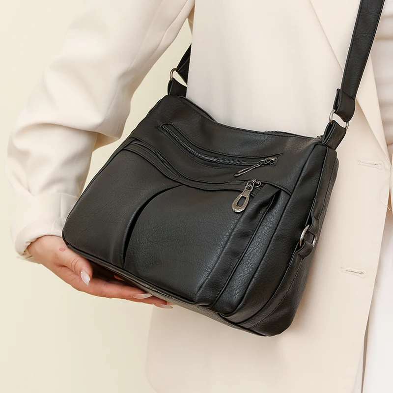 

Women's Retro Black Shoulder Bag Multi Pocket Portable Serviceable Female Handbag Quality Washable Leather Ladies Crossbody Bags