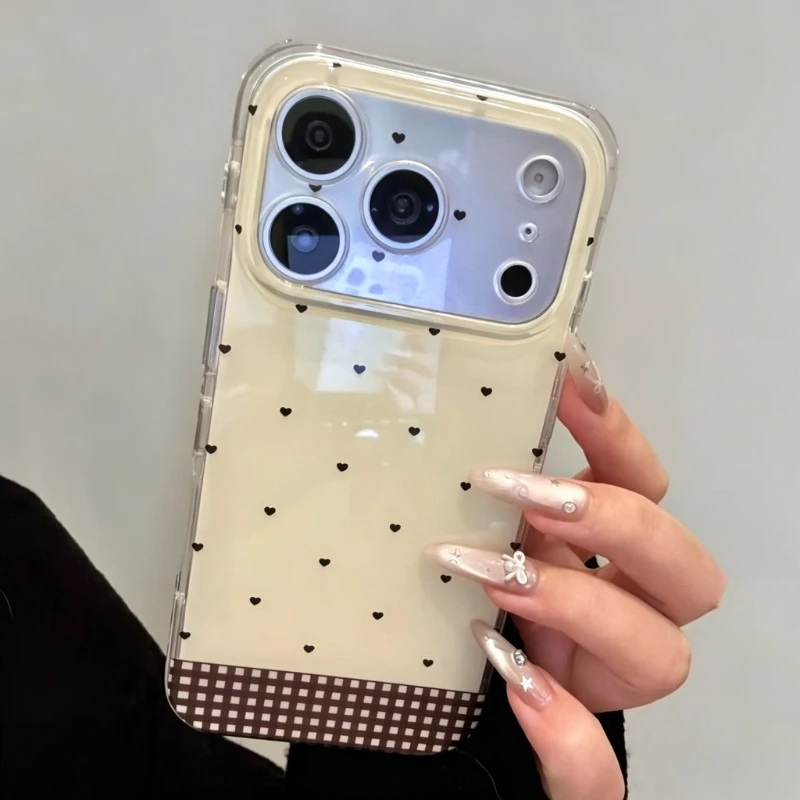 Коричневый чехол для телефона с клетчатым узором в виде сердец для iPhone 17 16 15 Pro 14 13 12 11 Pro Max, модный противоударный чехол-накладка (art.: 3920dabead680) - 3920dabead680