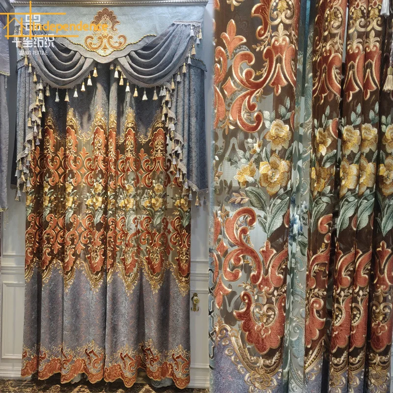 

New European style high-end flower thickened chenille embroidered curtains for living room bedroom villa customization