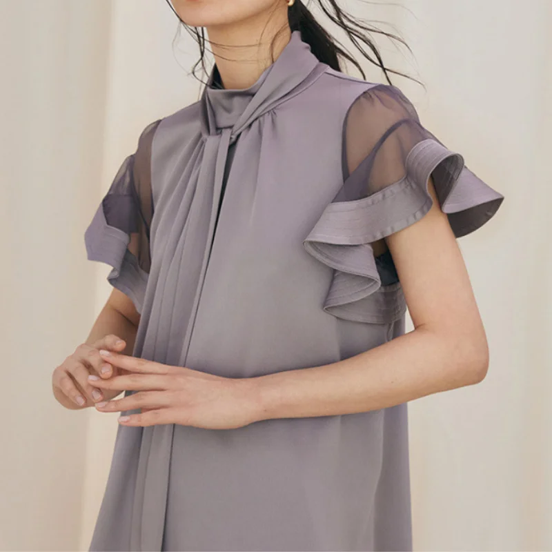 Блузка женская с воротником-стойкой элегантная нежная дизайнерская рубашка