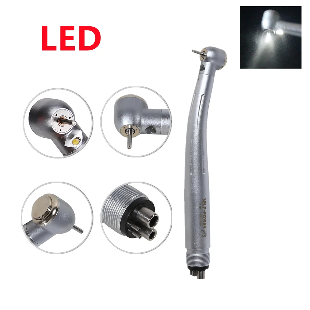 Dental LED High Speed Handpiece Air Turbine 4 Hole E-generator Large Head Cartridges 3 Water Spray Fit NSK PDM