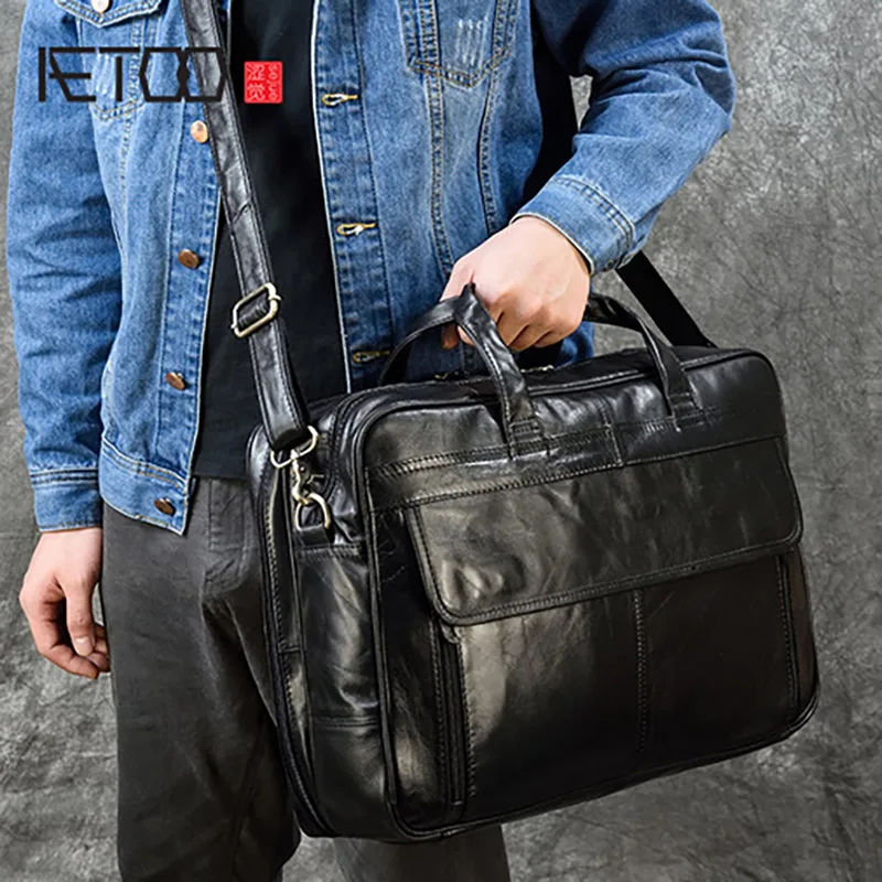 

AETOO Leather men's briefcases, retro business handbags, first layer cowhide shoulder bags, messenger bags, computer bags