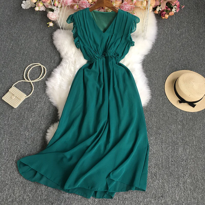 

Solid Color Sleeveless Dress Womens Casual Summer V Neck A Line Slim Long Party Dresses Women Wedding Dresses Robe Femme