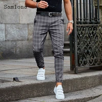 samlona mens elegant fashion pants 2022 summer new sexy business pants model plaid trouser plus size male stand pockets pant
