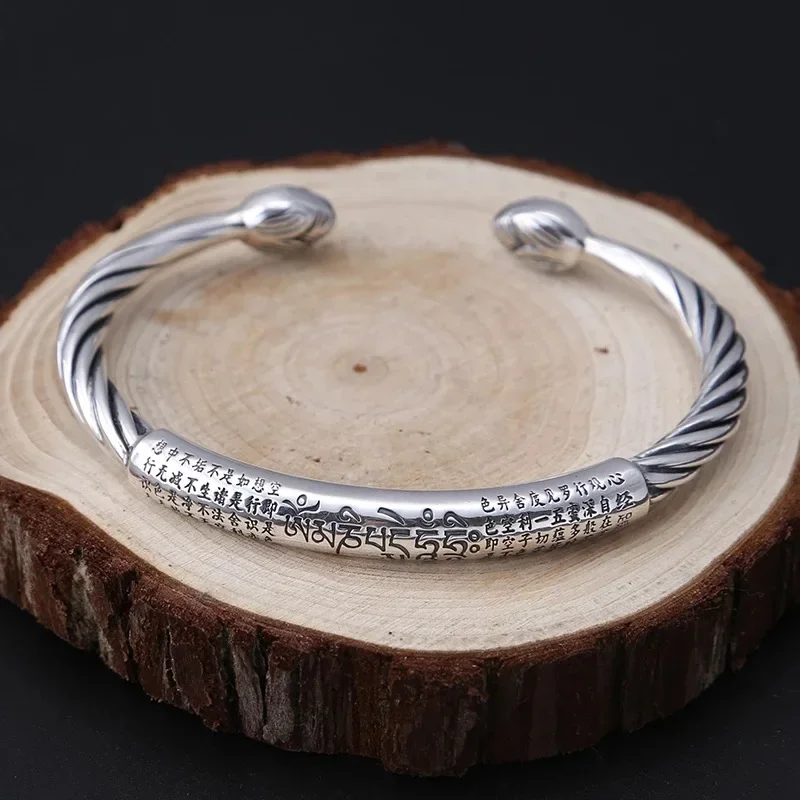 Модный мужской серебряный Открытый браслет с индийским лотосом гравировкой