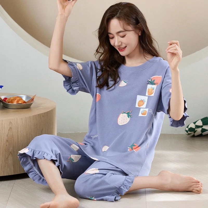Women's Pajamas Sets Cotton Pyjamas Striped Pijamas Loungewear Short Sleeve and Pants Suit Sleepwear Nightwear Women Homewear