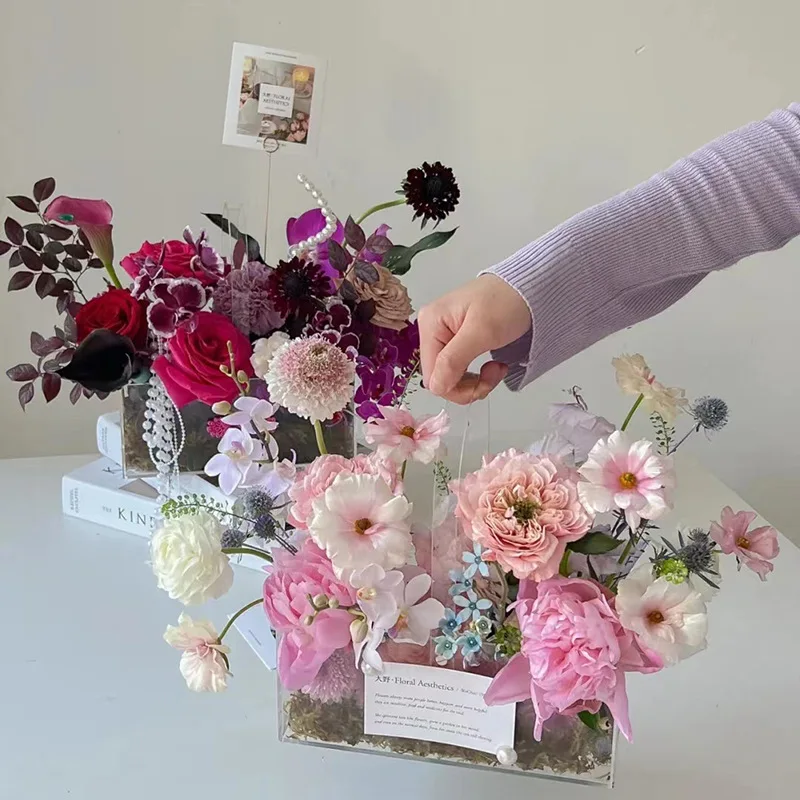 

Акриловая коробка для цветов, декоративная квадратная ваза с крышками и прозрачными розовыми горшками, подарок на день Святого Валентина, День матери, свадьбу