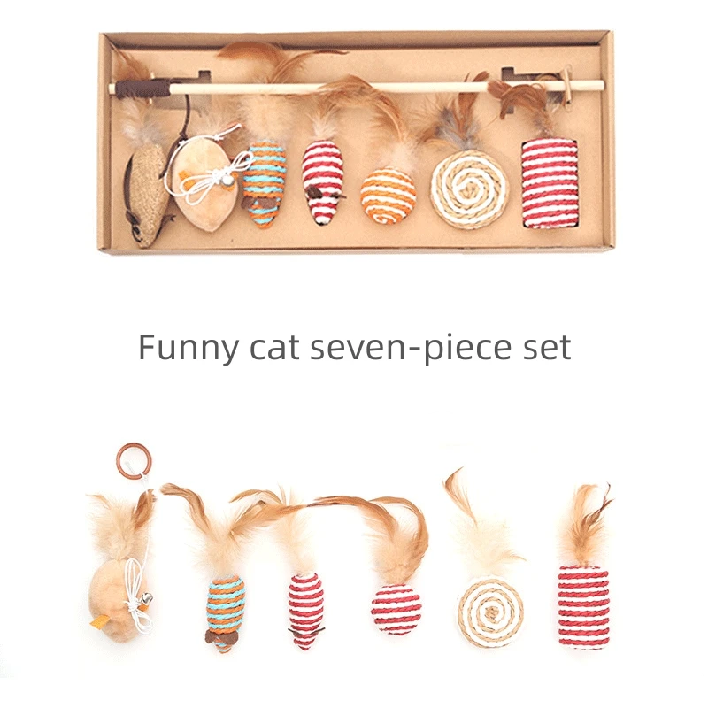 

New Cat Playset Set Cat Scratch Board Seven-Piece Set Bell Feather Wooden Pole Tease Cat Stick