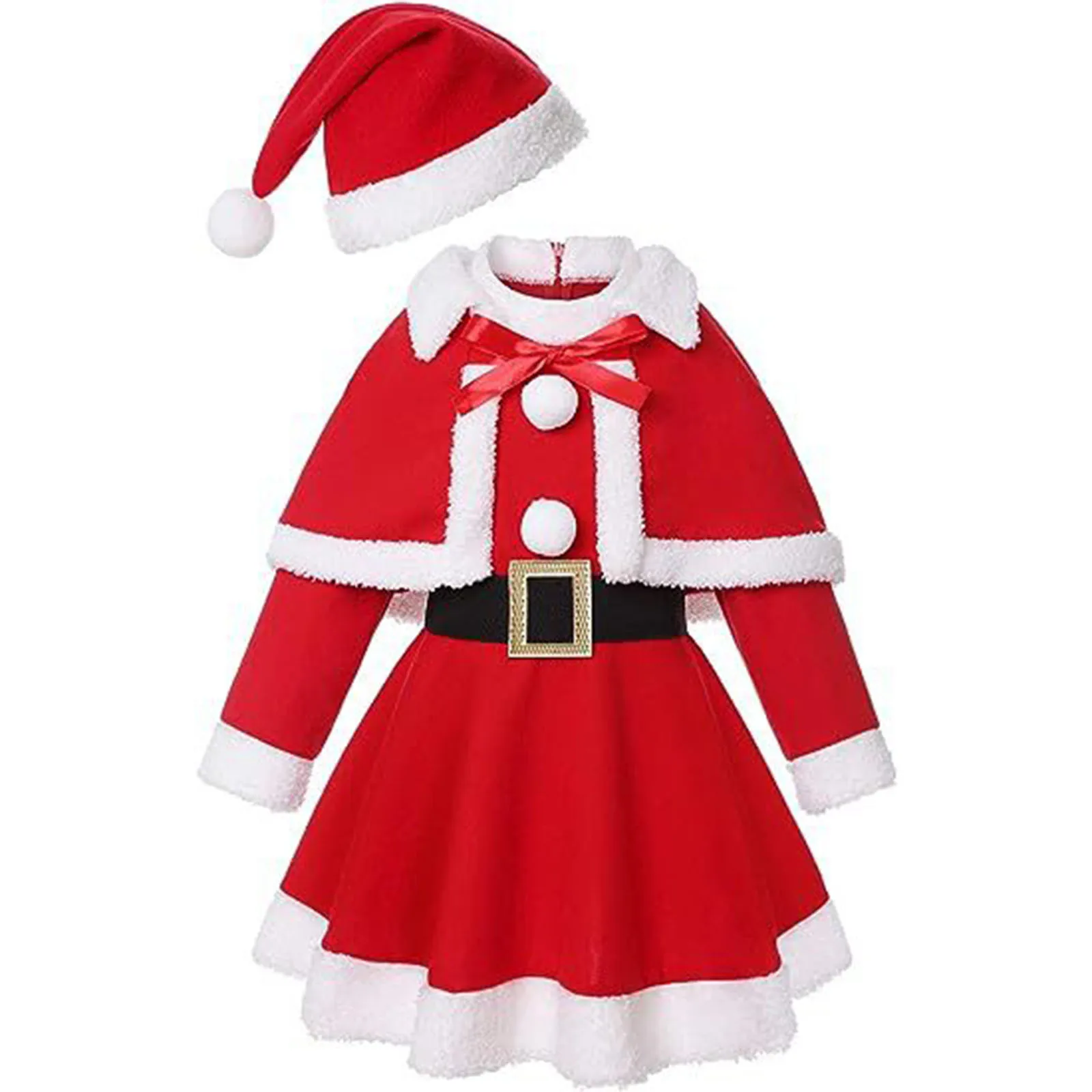 

Рождественские наряды для маленьких девочек, костюм Санты, красное платье с длинным рукавом и шалью, шапочкой и поясом, детское рождественское платье, Женский праздничный костюм