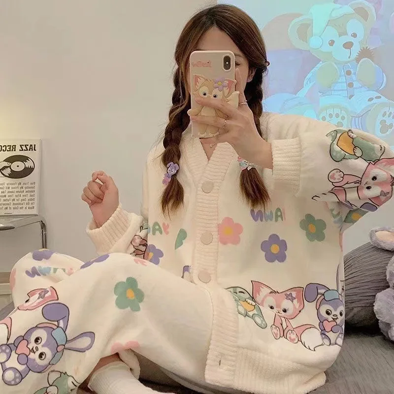 Autumn Winter Women Warm Flannel V-Neck Cardigan Sweet Pajamas Suit Long-Sleeved Trousers Set Cute Soft Home Wear Fleece Clothes
