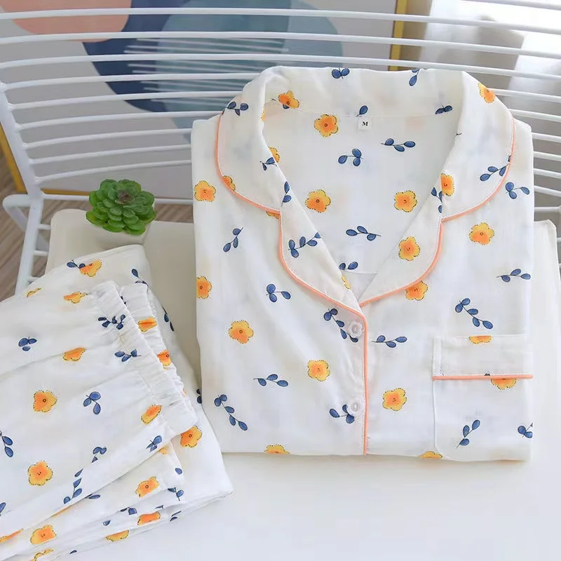 100% Cotton Women Pajamas Set 2 Piece /Set Turn-Down Collar Long-Sleeve Trousers Casual Sleepwear Female Homewear