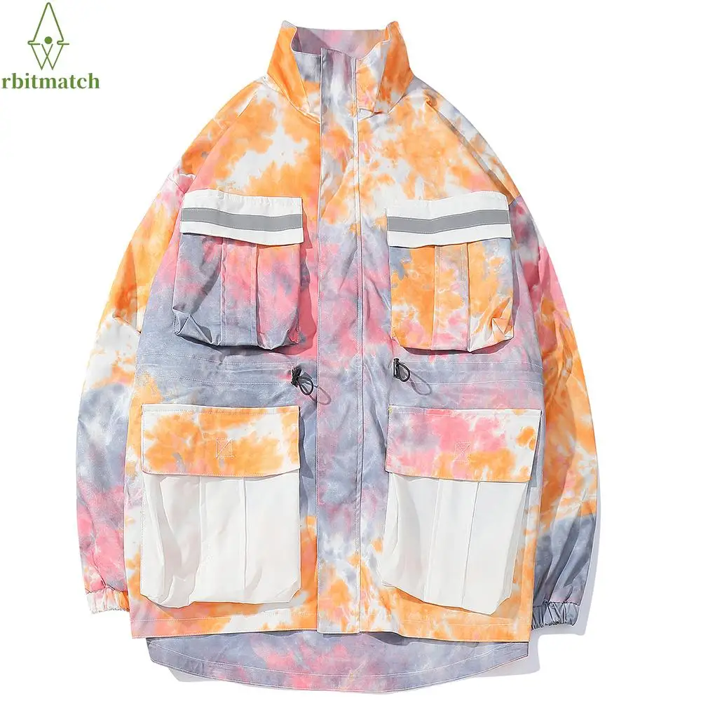 

Arbitma Men Tie Dye Gradient Patchwork Pockets Cargo Jackets Coats Streetwear Casual Color Clock Trench Zipper Jacket Coats