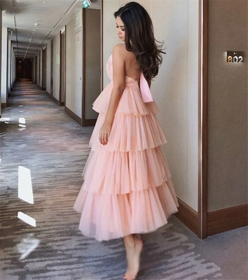 

Fashionvane Sexy Backless Prom Dresses Halter Neck Sleeveless Homecoming Party Dress Tiered Tulle Ankle Length Vestidos De Noche